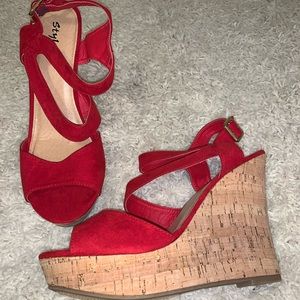 Styluxe red vegan suede cork wedges